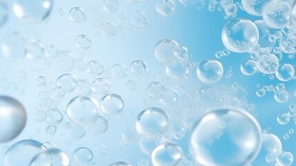 Wall Mural - White soap bubbles foam on blue background. Suds shower texture macro view photo, shallow depth of field