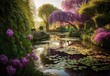 the sun is shining through the trees over a lake surrounded by flowers , generated by AI