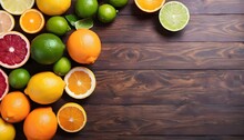 Citrus Background. Fresh Citrus Fruits - Lemons, Oranges, Limes, Grapefruits. On Wooden Background