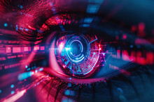 Close-up Of A Cyber Eye With Neon Chips Inside The Iris And Lens.