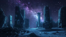 Ancient World Ruins Under Starlit Sky Mythological Creatures Roaming Neon Lights Highlighting Edges Minimalist Style