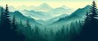 Landscape forest mountains nature adventure travel background panorama. Illustration of dark green silhouette of valley view of forest fir trees and mountains peak. Generative AI
