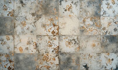 Old beige gray vintage shabby damask patchwork tiles stone concrete cement wall texture background banner, with textured floral flowers leaves pattern, Generative AI