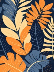  The wallpaper features a combination of blue and orange hues with leaf patterns, adding a vibrant and natural touch to any space.