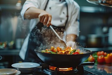 Wall Mural - A chef cooks in a restaurant kitchen.