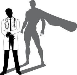 Wall Mural - A superhero medical doctor man health care worker revealed by his shadow silhouette as a super hero in a cape.