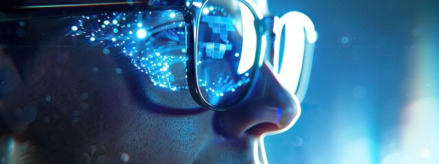 a man wearing smart glasses. vr/ar goggles.