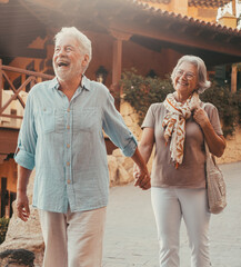 Sticker - Portrait of one happy and cute senior holding hand of old pensioner wife walking and visiting new places together with the sunset at the background. Couple having fun in the park..