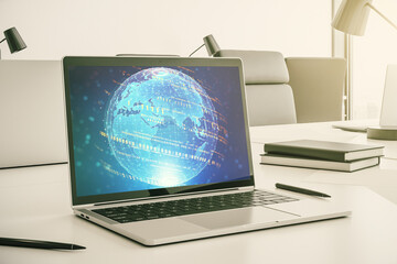 Wall Mural - computer monitor with abstract creative programming illustration and world map, big data and blockch