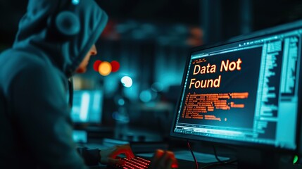 Wall Mural - a hooded figure sits before a computer displaying a bold 'data not found' error, indicating a potent