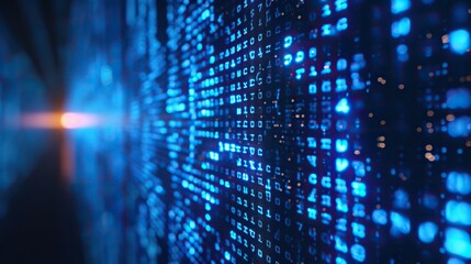 Wall Mural - a close-up on a dynamic stream of digital data, glowing in blue on a cybersecurity interface, repres