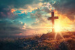 Cross on a hill at sunset. A slide background for showcasing Christian Religion. Background image. Created with Generative AI technology
