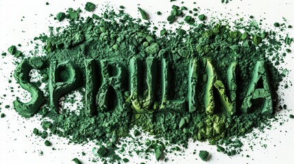 vibrant green powder shaped into the word SPIRULINA. The arrangement stands out sharply against a plain background, drawing attention to the word created by the powder