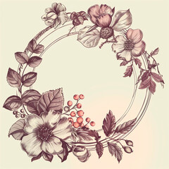 Wall Mural - Vintage frame with flowers, leaves and berries. Vector illustration.