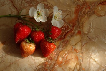 Poster - ripe strawberries resting on a sleek marble counter, creating an enticing display