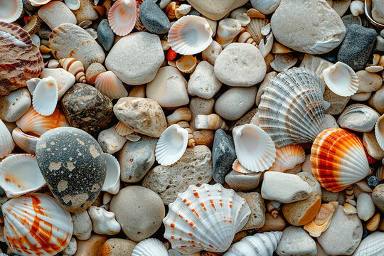 background made from shells, flotsam, stones; holiday feeling, sea sand