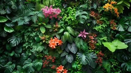 Poster - A vibrant green wall adorned with a colorful array of flowers in different shapes, sizes, and hues, creating a stunning botanical spectacle