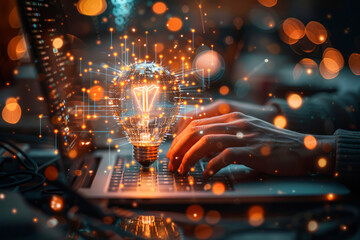Businessman typing on laptop keyboard. Light bulbs are shining as hints to foster new ideas and creativity. Concept for business.