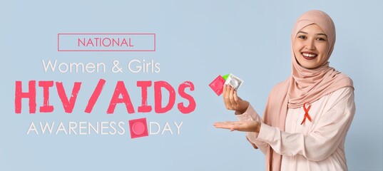 Sticker - Awareness banner for National Women and Girls HIV AIDS Awareness Day with Muslim woman holding condoms