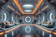 Futuristic stylish interior view of office with holographic screen, hi tech, mechanical technology concept. 3D rendering