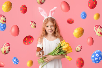 Poster - Cute little girl with bunny ears, flowers and Easter cake on pink background