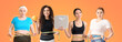 Set of women with measuring tapes and scales on orange background. Weight loss concept