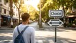 © Ilja - Confused man standing at crossroads, trying to make a choice, with a two way sign labeled  choice.