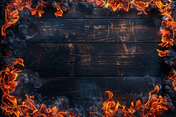 Poster - striking frame made out of flames on a wooden surface, creating a dramatic visual contrast. The intense fire creates a mesmerizing centerpiece against the rustic backdrop