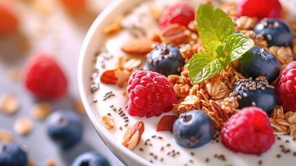 Poster - A bowl of creamy yogurt is topped with a nutritious mix of granola, fresh berries, almonds, and chia seeds. This close-up captures the textures and colors of a healthy breakfast option.