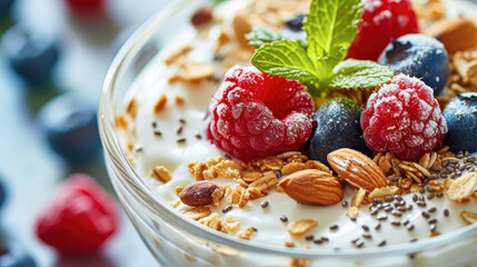 Poster - A bowl of creamy yogurt is topped with a nutritious mix of granola, fresh berries, almonds, and chia seeds. This close-up captures the textures and colors of a healthy breakfast option.