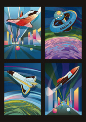 Sticker - Spaceships, Rockets, Future City, Planets and Orbital Station 