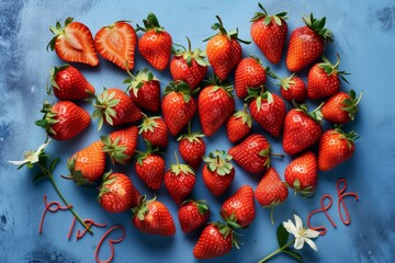 Canvas Print - heart-shaped arrangement of fresh strawberries carefully placed on a vibrant blue background