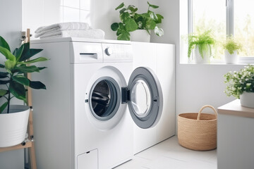 Interior of bathroom with washing machine and green plants.