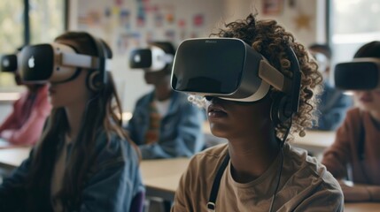 Wall Mural - group of kids at school with virtual reality glasses