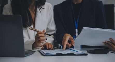 Co working conference, Business team meeting present, investor colleagues discussing new plan financial graph data on office table with laptop and digital tablet, Finance, accounting, investment.