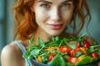 Young woman is eating a healthy, fresh, vegetable salad with crisp rye bread. Diet and healthy lifestyle concept. Diet and fiber food. Proper nutrition and eat right