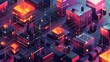 3d isometric city with neon glowing buildings and streets, ai generative