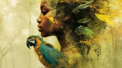 Wall Mural - African american woman with macaw parrot on grunge background