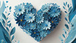 Valentine's Day blue flowers arranged in a minimalist heart shape, top-down on white backdrop. Volume illustration