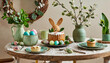 Warm and spring dining room interior with easter accessories, round table, vase with green leaves, cake, colorful eggs, rabbit sculpture and personal accessories. Home decor. Template.