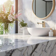 White empty marble counter top table with bathroom counter, wash basin, mirror and flower in bathroom in beautiful morning sunlight in background. 3D render for product display mockup