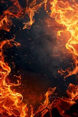 Poster - intense flames of a fire against a black background. The vibrant flames flicker and dance, creating a mesmerizing display of heat and energy