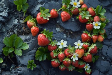 Wall Mural - Heard strawberries placed on a rough rock surface, creating an interesting contrast between the vibrant red fruits and the textured gray background