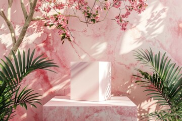 Poster - Natural beauty podium backdrop featuring an empty cube box for displaying cosmetic products