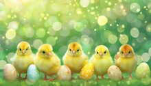Green Easter Springtime Background With Colorful Eggs And Cute Little Yellow Chickens. Bokeh Light, Copyspace. 
