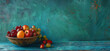 wooden bowl of fruits on blue wooden surface in the s