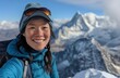 © DachAI - A cheerful mountaineer captures her winter adventure with a selfie in front of majestic snow-capped peaks, showcasing the perfect blend of nature and human spirit