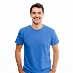 Wall Mural - Smiling men wearing blue T-Shirt Mockup on black studio background