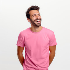 Wall Mural - Smiling men wearing pink T-Shirt Mockup on black studio background