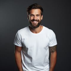 Wall Mural - Smiling men wearing white T-Shirt Mockup on black studio background